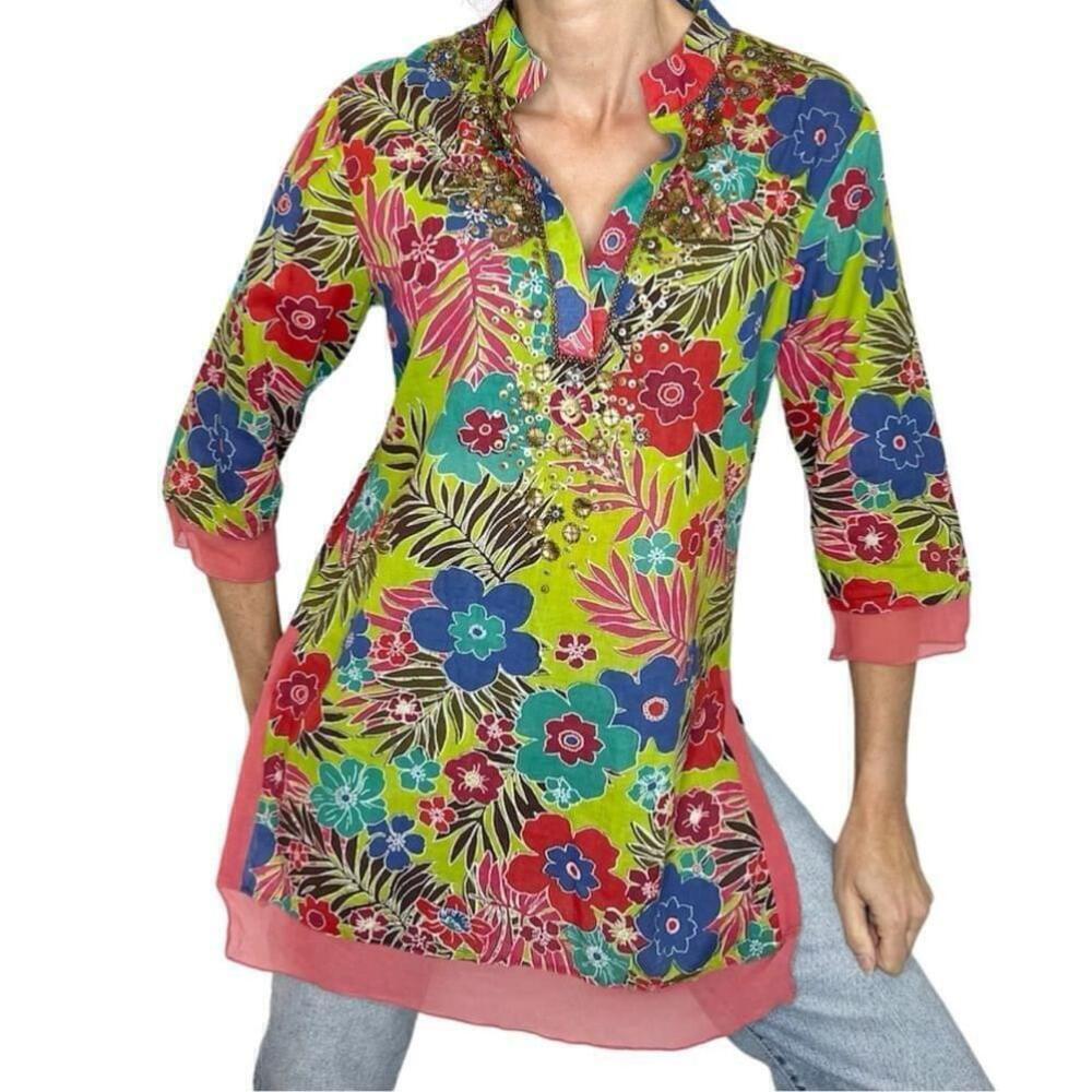 Holt Renfrew 100% cotton green pink floral print tunic top M